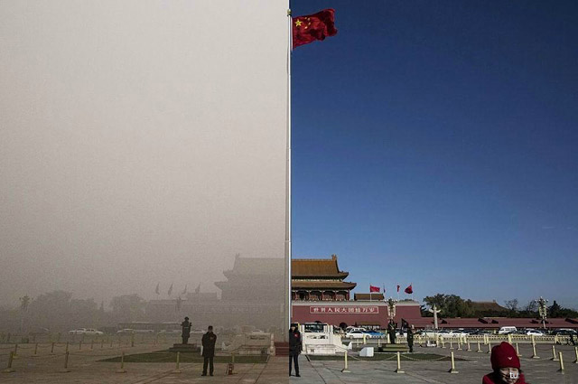 北京首次启动了红色预警，同时英国卫报也发布了一组北京雾霾天和晴天的对比图，你们来感受一下。